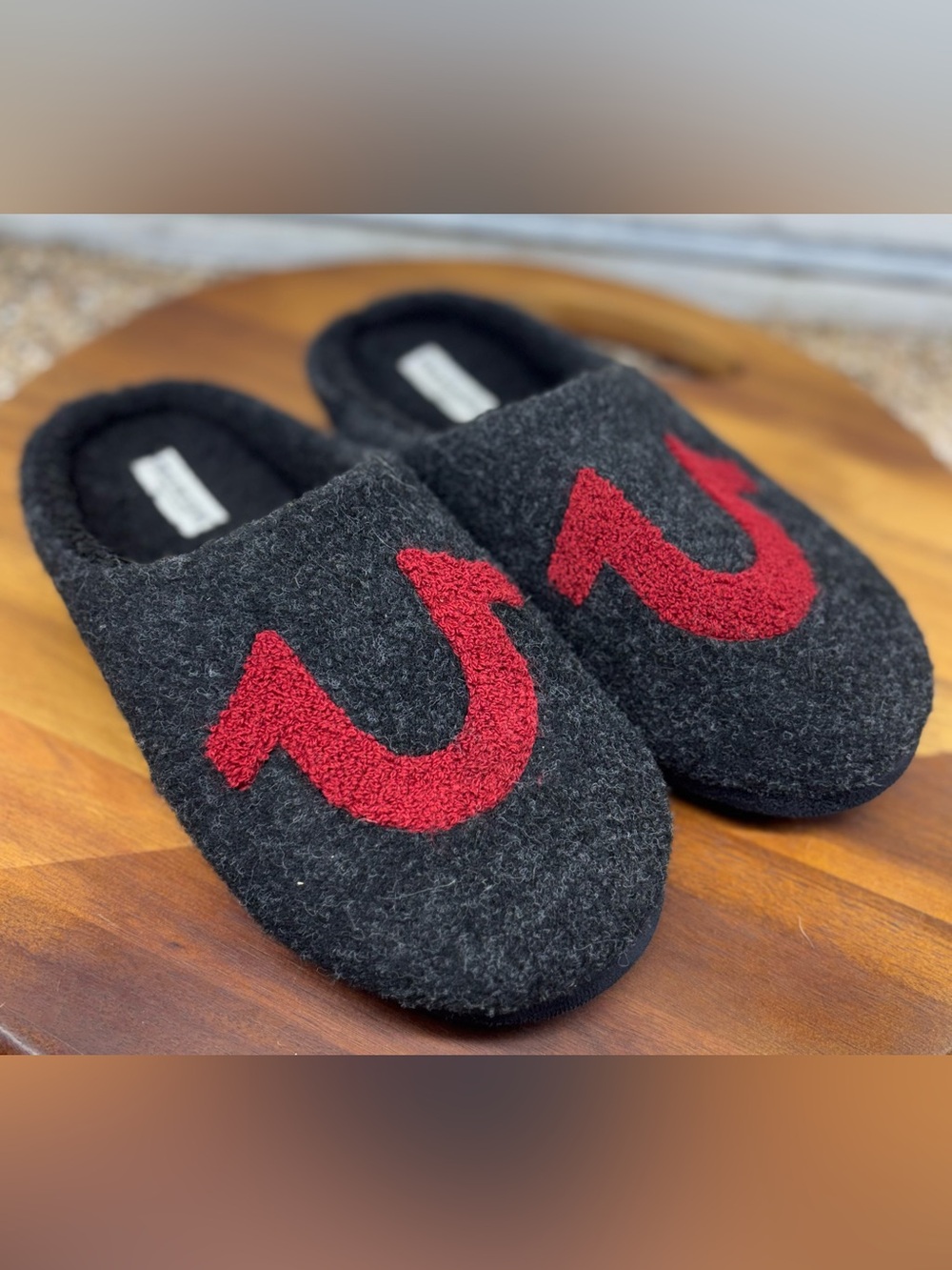 True Religion Slippers Gray Mule Felt Horseshoe Logo Lined House